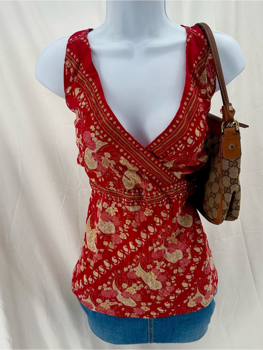 Babydoll Halter 2000s Rhinestone Paisley Floral Top